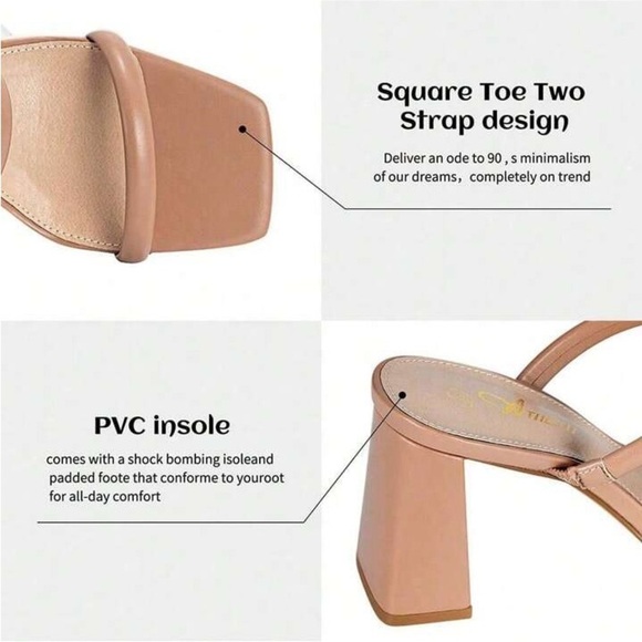 Athlefit Women’s Tan Square Open Toe Two Strap Chunky Heeled Slip On Sandal |NEW - Picture 4 of 13